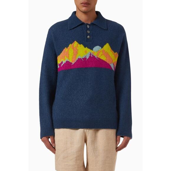 Elder Statesman Mens Rocky Mountain Rugby Sweater in Sea Blue Mountain L - Picture 1 of 4